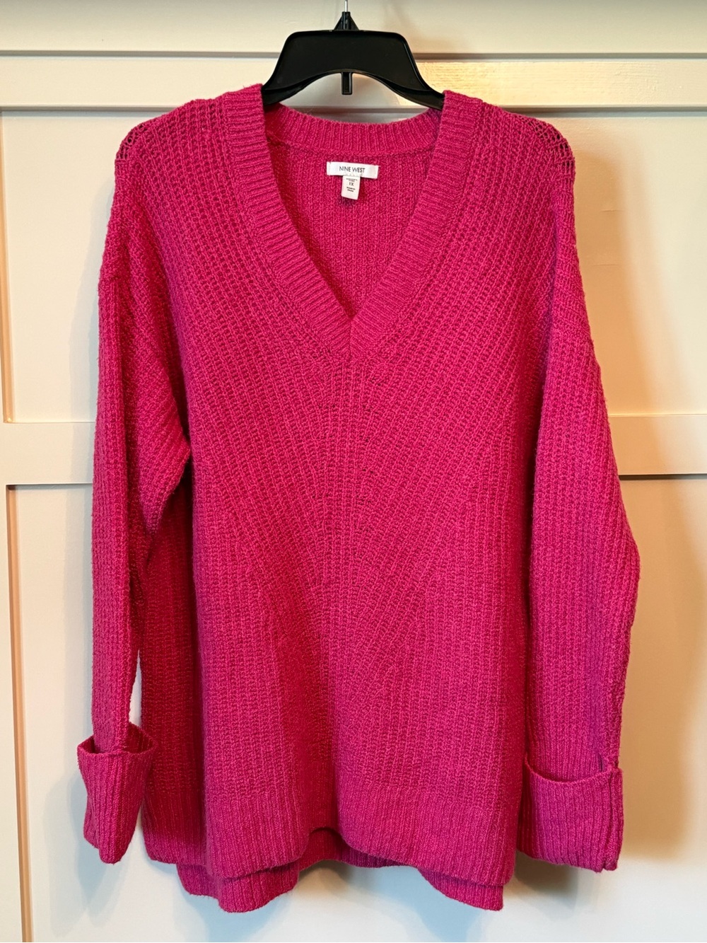 Nine West Hot Pink Waffle Knit V-Neck Sweater Women's Plus 1X NWOT
